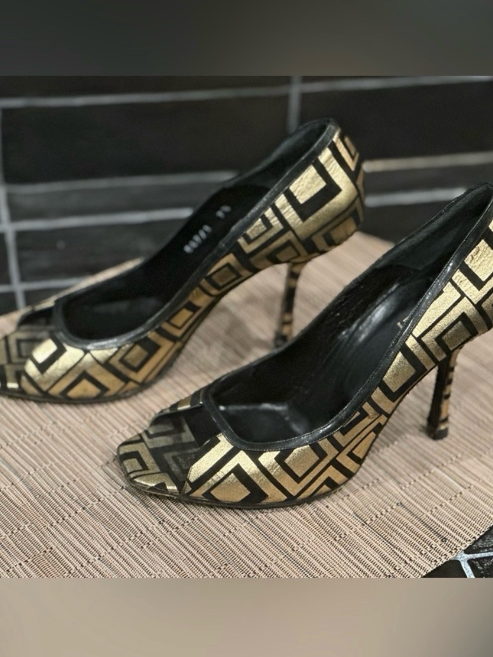 EUC Gianni Versace Gold and Black Geometric Peep-Toe Stiletto Runway Style - Picture 7 of 10